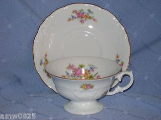   PORCELAIN WALBRZYCH FOOTED CUP & SAUCER SET FLORAL GOLD EMBOSSED X14