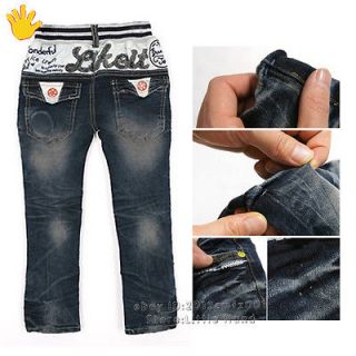 Kids Boys Girl Applique Embellished Denim Jeans Stripe Elastic Waist 