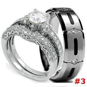 Engagement Wedding Bridal Ring Set Rhodium Plated & Stainless Steel 