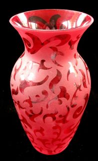 Michael Weems Ruby Red Etched Art Glass Vase, Paisley Pattern 