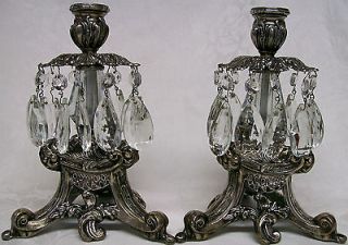 ANTIQUE LARGE ORNATE SILVERPLATE & CRYSTAL CANDLE HOLDERS