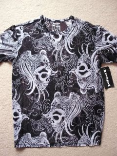   Shirt Crew Neck Skulls Black White Mesh Fabric Nylon Spandex Med NWT