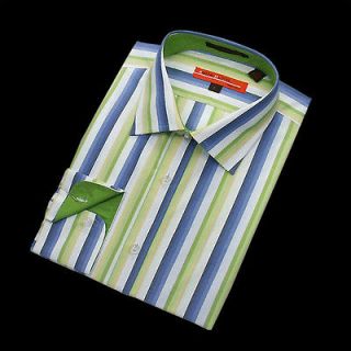 Mens New green blue white colorful Stripe Dress Shirt 100% Cotton size 