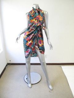 Salvatore Ferragamo Turquoise Tropical Print Halter Dress 42