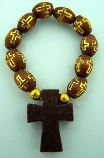   Womens 2 1/4 Round Brown Oval Wood Bead Tau Cross Finger Rosary Ring