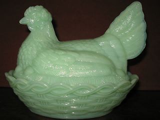 Jadeite glass hen chicken on nest basket candy butter dish rooster 