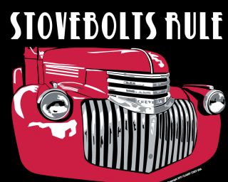 1941 1942 1946 Chevy Truck T Shirt Stovebolts Rule Red on Black OD