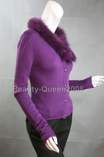 Wool Cardigan Sweater Shrug Purple Genuine Fur Collar S