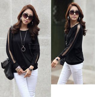 New Womens T Shirts Batwing Hollow out Mesh Sleeve Loose Casual Shirt 