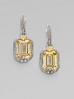 Canary Crystal, White Sapphire & Sterling Silver Cushion Drop Earrings