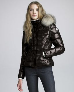 Short Coyote Trim Lacquered Puffer Coat   