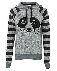 Charcoal (Grey) Charcoal Raccoon Face Stripe Sleeve Hoodie  265893903 