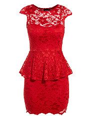 Red (Red) John Zack Red Lace Peplum Dress  256078360  New Look