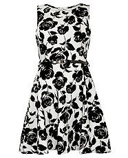 White Pattern (White) White and Black Flocked Rose Print Skater Dress 