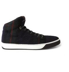 Lanvin Plaid Wool and Leather High Top Sneakers