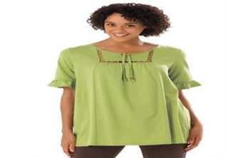 Plus Size Top in tunic length, with open square yoke, ruffles and 