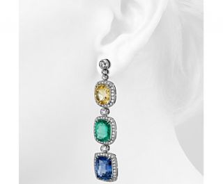 Sapphire, Emerald, and Diamond Micropavé Halo Drop Earrings in 