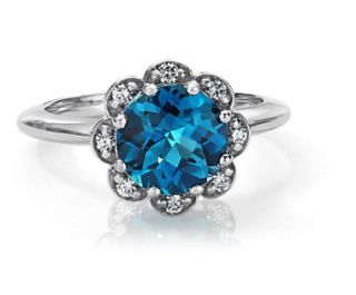 London Blue Topaz and Diamond Flower Ring in 14k White Gold  Blue 