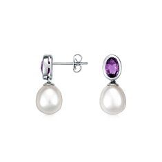 Freshwater Cultured Pearl and Amethyst Earrings in Sterling Silver