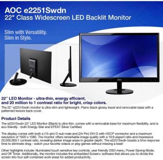 AOC 22 Wide 1920x1080 LED Monitor, 5ms, VGA, DVI Product Details