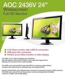 AOC 2436V 24 Widescreen Full HD Monitor   1080p, 1920 x 1080, 5ms 