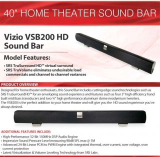 Vizio VSB200 HD Sound Bar   SRS TruSurround HD, SRS TruVolume 