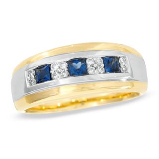 Mens Princess Cut Sapphire and 1/5 CT. T.W. Diamond Band in 14K Two 