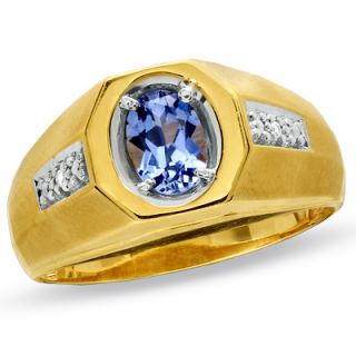 Mens Oval Simulated Tanzanite Ring in 10K Gold with Diamond Accents 