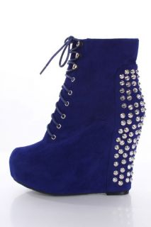 Royal Blue Faux Suede Lace Up Studded Ankle Bootie Wedges 