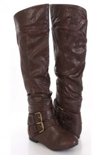 Home / Brown Faux Leather Buckle Strap Closed Toe Flat Knee High 