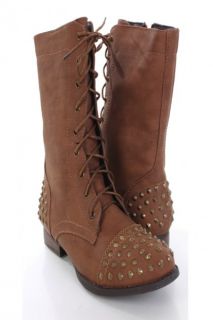 Tan Faux Leather Spike Studded Combat Boots @ Amiclubwear Boots 