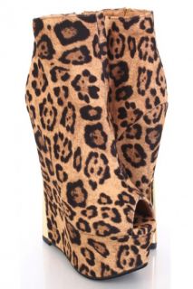 Leopard Faux Suede Peep Toe Ankle Boot Platform Wedges @ Amiclubwear 