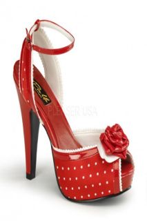 Red Satin Polka Dots Print Peep Toe Ankle Strap Sandal Platform Heels 