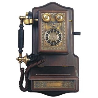 Old Fashioned Wooden Crank Style Wall Phone w/ Storage & Brass Accents