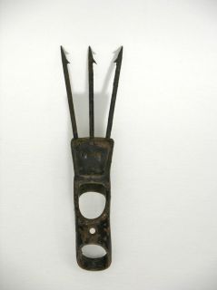 Antique Eel Spear Head 3 Tines Blackend Iron Holder