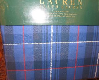 Ralph Lauren Blue Tartan Plaid Queen Sheets 1Q NEW 