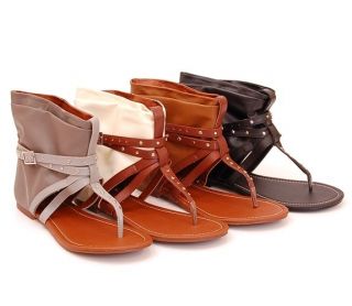 Womens Gladiator Sandals Roman Flats Ankle Wrap Shoes Studded Buckle 