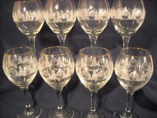 VINTAGE ARBYS CHRISTMAS SCENE PEDESTAL WINE GLASSES ETCHED GLASS