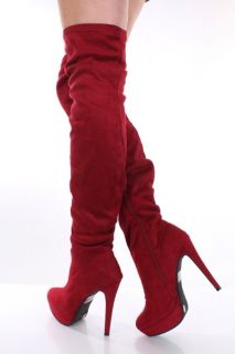Plum Red Faux Suede Thigh High Platform Heel Boots @ Amiclubwear Boots 