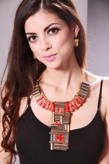 Red Gold High Polish Metal Hollow Beaded Necklace Set @ Amiclubwear 