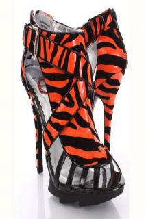 Black Orange Faux Leather Zebra Print Peep Toe Heels @ Amiclubwear 