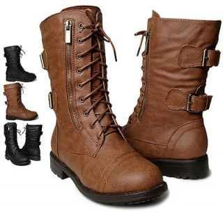   Lace Up Military Combat Buckle Strap Zipper Low Heel Boot Size 6 10
