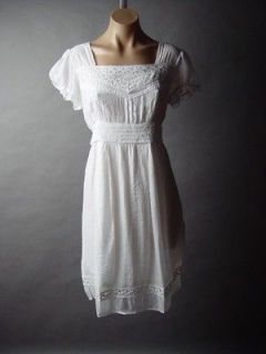 White Victorian Boho Peasant Embroidered Square Neck Cotton Blend fp 