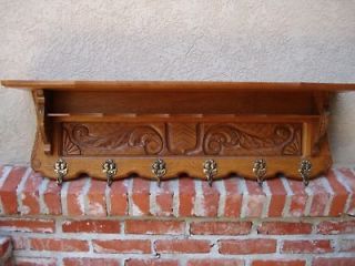   French Carved Oak Wall Shelf Coat Hat Plate Rack & Bookshelf w Brass