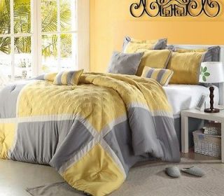 12pc Natalie Yellow/Grey Modern Design Comforter & 600TC Sheet Set 