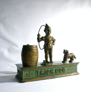 1888 Cast Iron Hubley Trick Dog Mechanical Bank Hoop Clown Barrel 