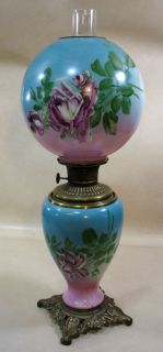 Large Antique HURRICANE LAMP Globe Shade Turquoise Pink Green Flower 