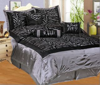 Pcs Black/Grey Flocking Zebra Pattern Comforter Set Bed In A Bag 