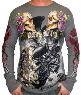 Christian Audigier Ed Hardy Mens Skull Thermal Shirt Platinum Size L