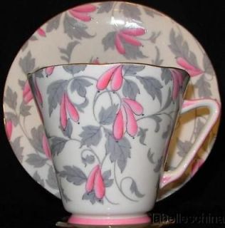 Royal Grafton Ashley   Pink   HP Art Deco Teacup and Saucer gilt